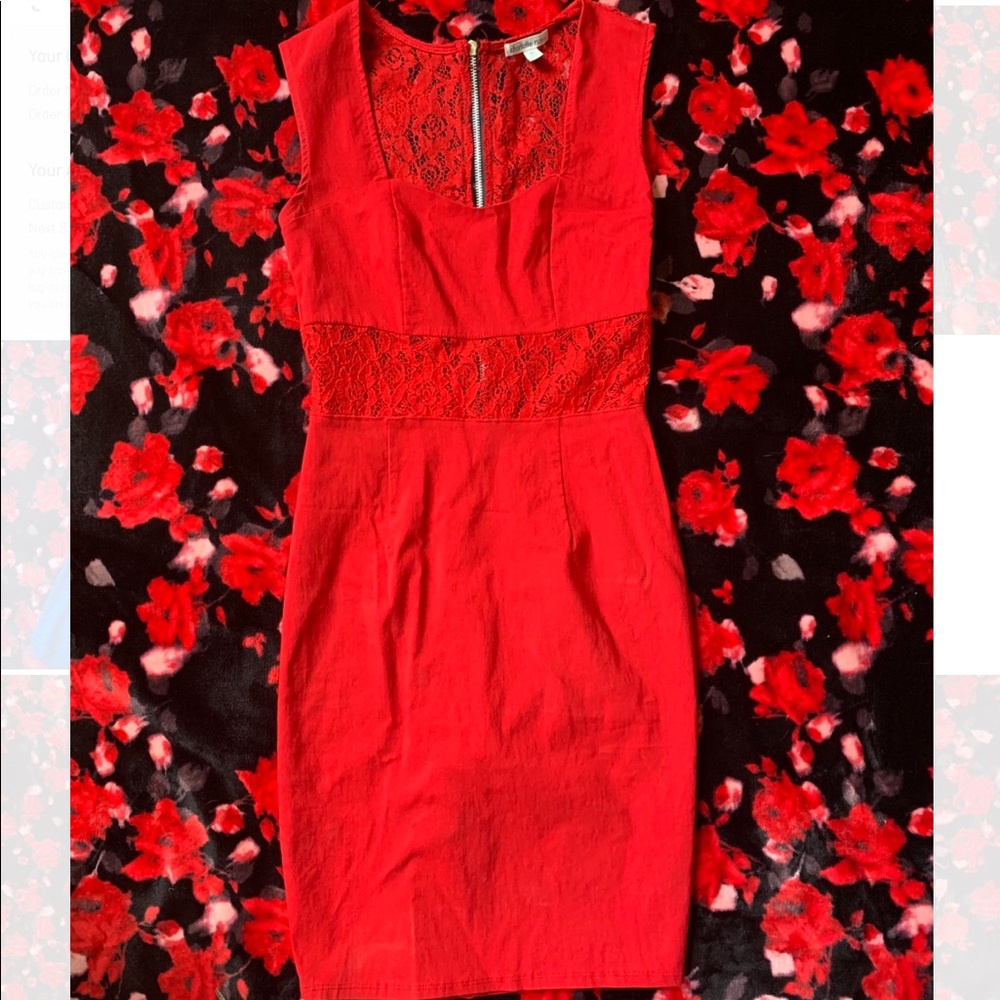 Red Floral Lace Waisted Dress